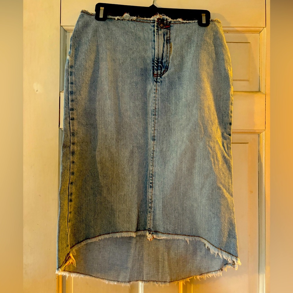 XOXO light denim skirt, raw top hem